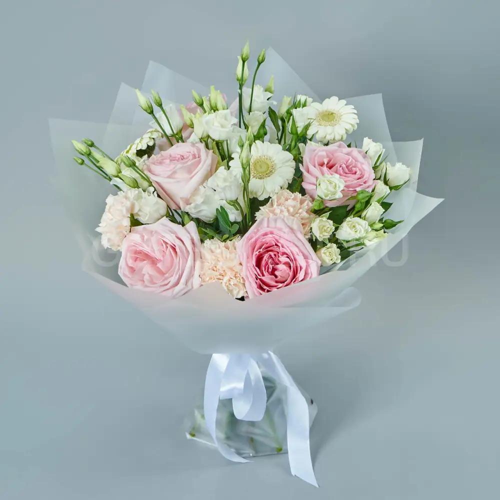 212083 Букет из белых эустом, гербер и гвоздик с розами